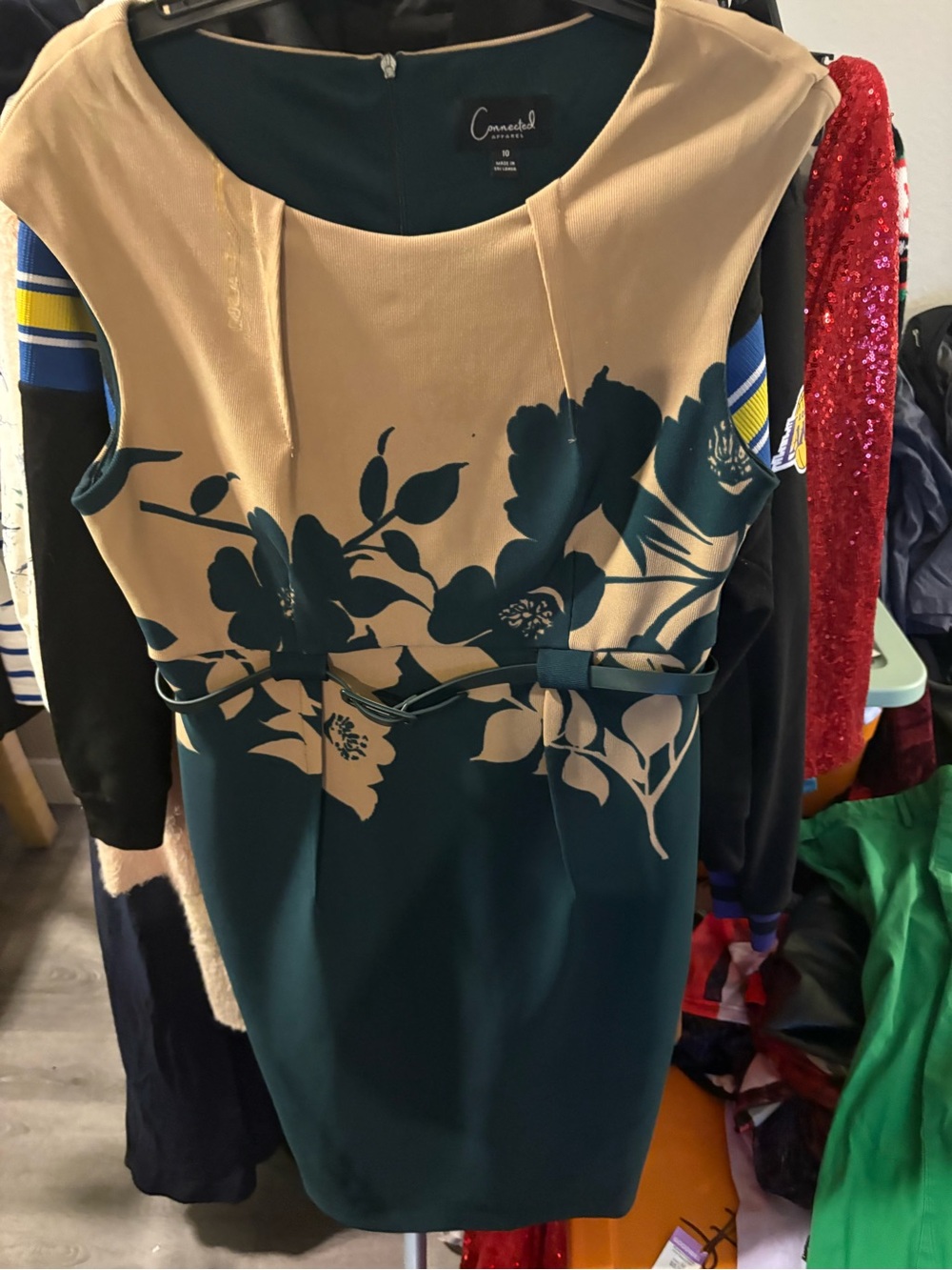connected apparel teal and beige floral sheath midi dress